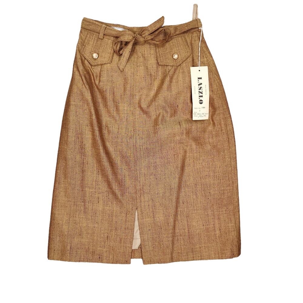 Vintage 1960s Wool Silk Tweed Pencil Skirt NOS Gold Belted Mod Secretary Size 6